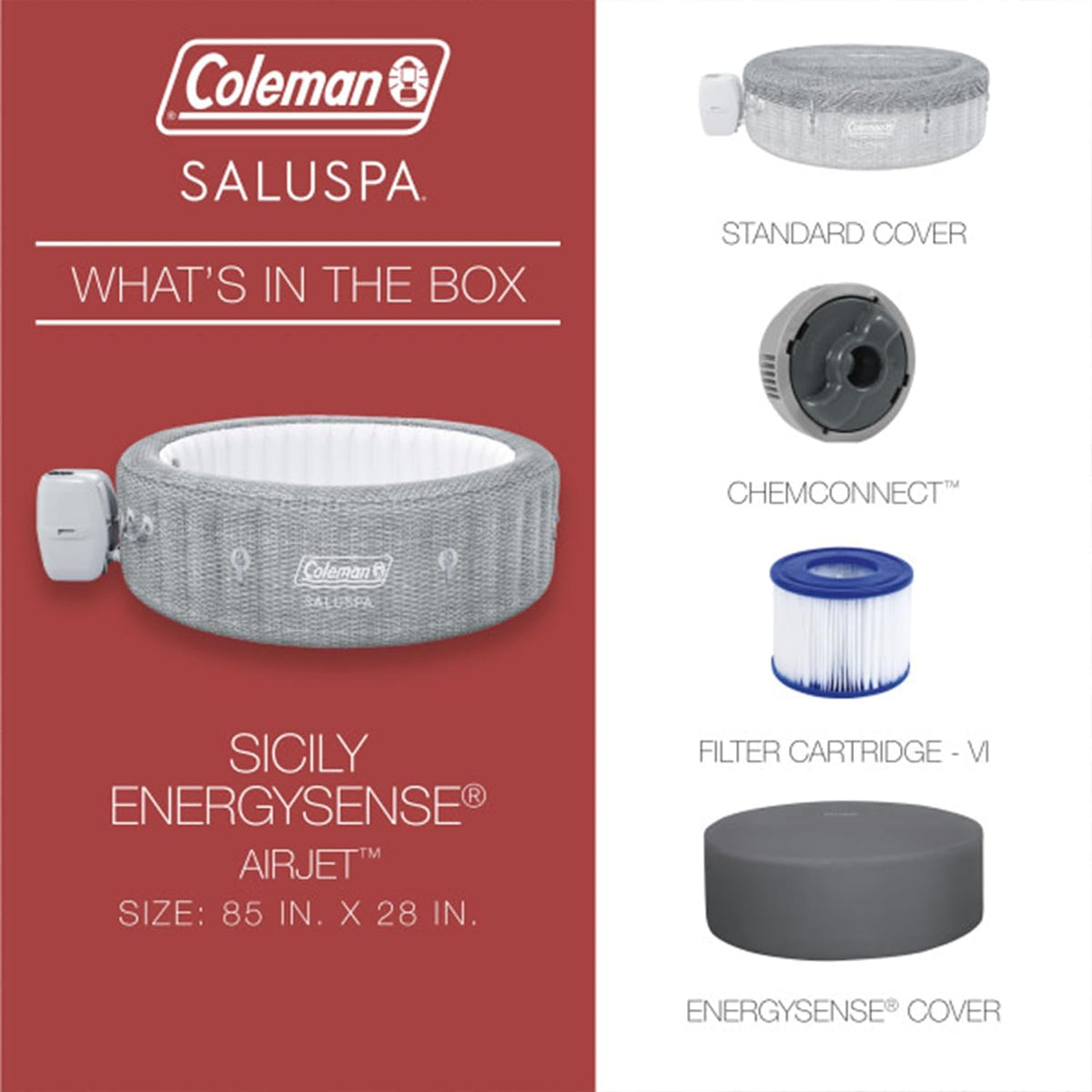 Coleman Inflatable Hot Tub For 5 To 7 People With 180 AirJets, 85 x 85 x 28 Inches, Grey - Sicily AirJet