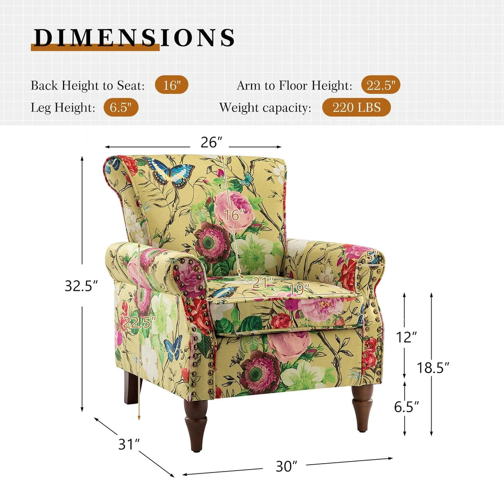 14 Karat Home Wingback Accent Chair, Floral Upholstery, Mustard, 30 x 31 x 32.5 in
