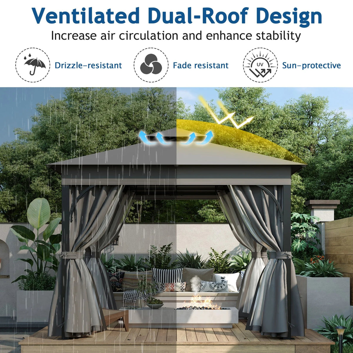 Outdoor Patio Gazebo With Mosquito Netting And Privacy Screens, 10'x10', Grey