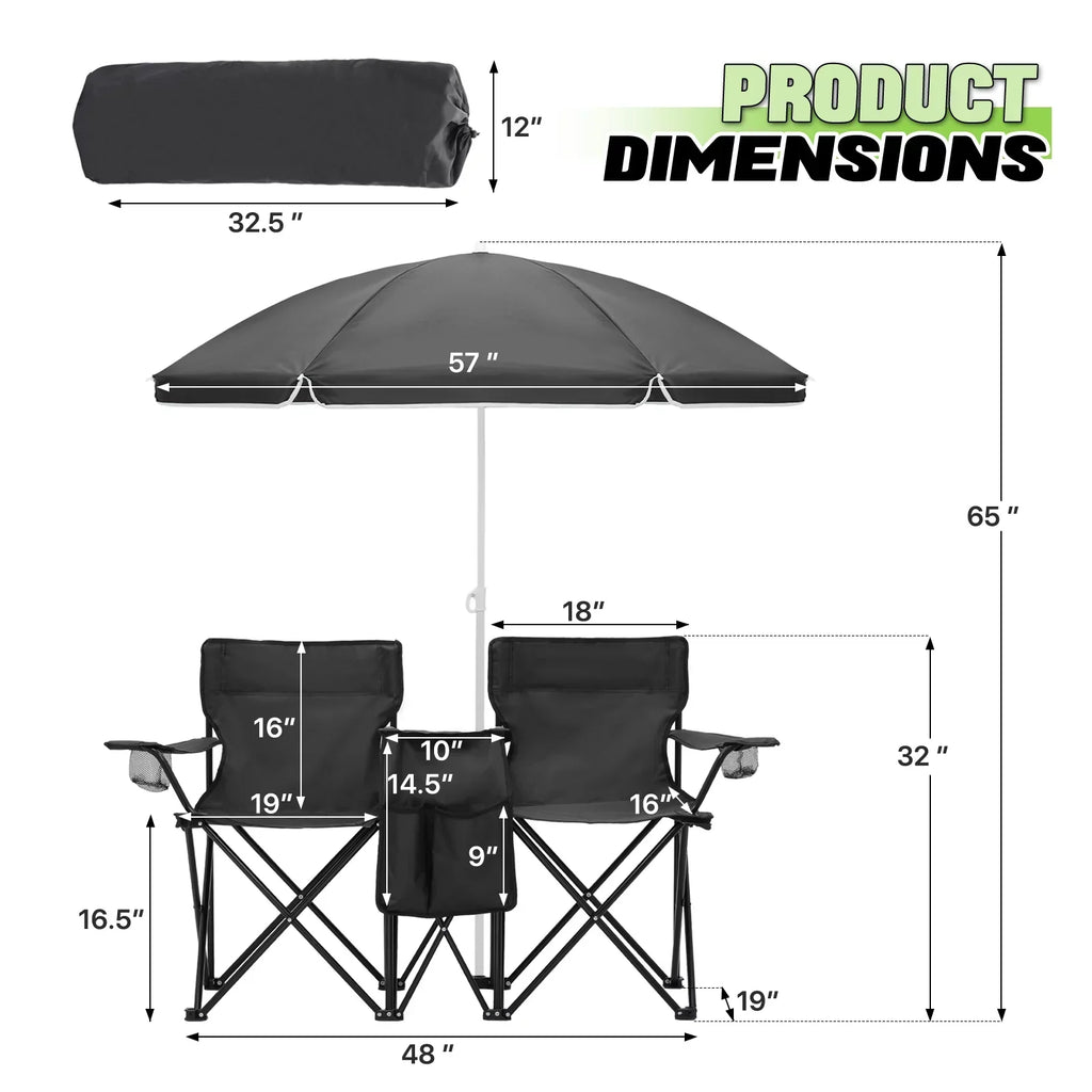 Magshion Portable Double Folding Camping Chair With Removable Umbrella, Cooler Bag And Carry Bag, Black