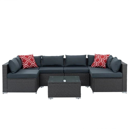 SESSLIFE 7-Piece Wicker Patio Sofa Set With Glass Coffee Table - Brown Rattan Beige Cushions