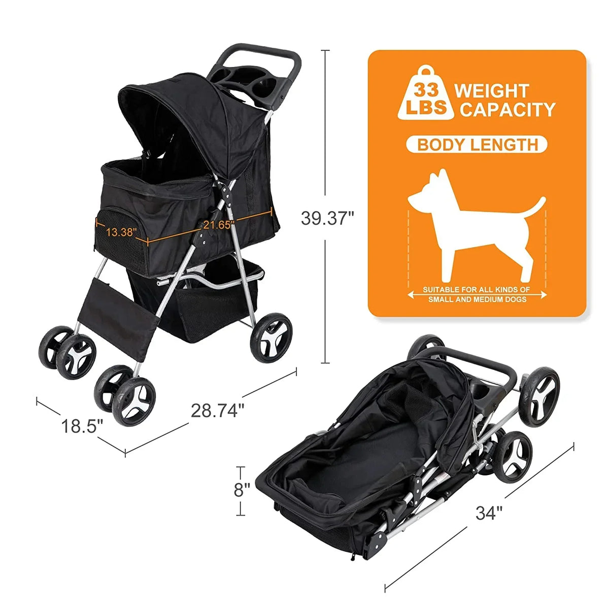 Pet Stroller With 4 Wheels For Small And Medium Dogs And Cats - Foldable, Oxford Cloth, 30 lbs Capacity