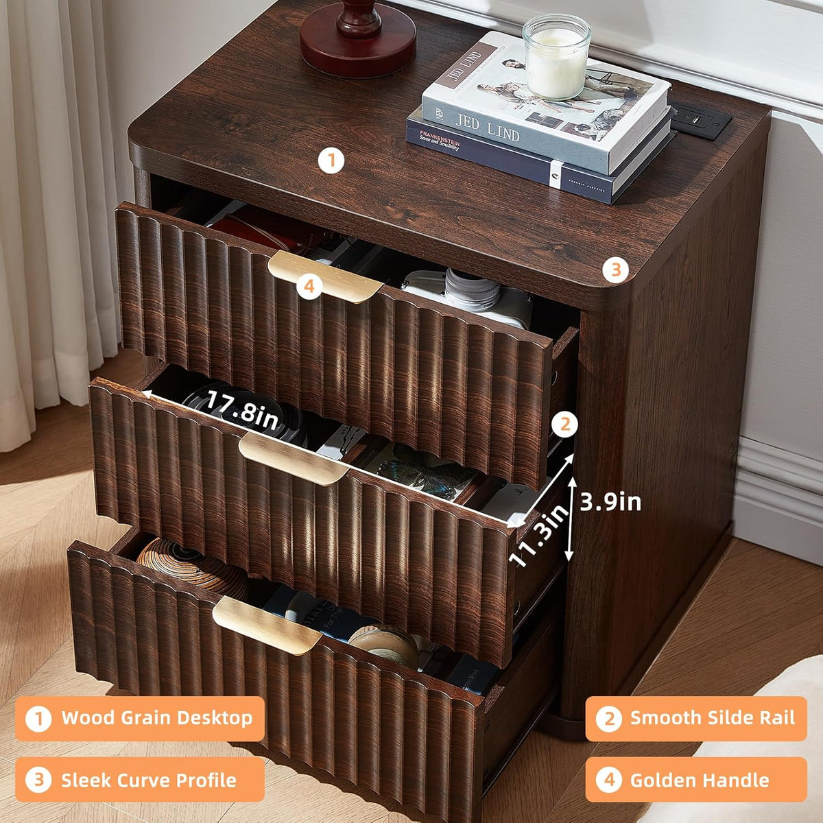 LEYAOYAO Fluted Farmhouse Nightstand Set Of 2, Walnut, 23 inch Wide, 3 Drawers With Charging Station