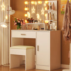 Ktaxon Vanity Makeup Table With Stool, 3-Color Lighted Mirror, 3 Shelves, Drawers, White - 35.43 x 15.55 x 29.53-53.27 in
