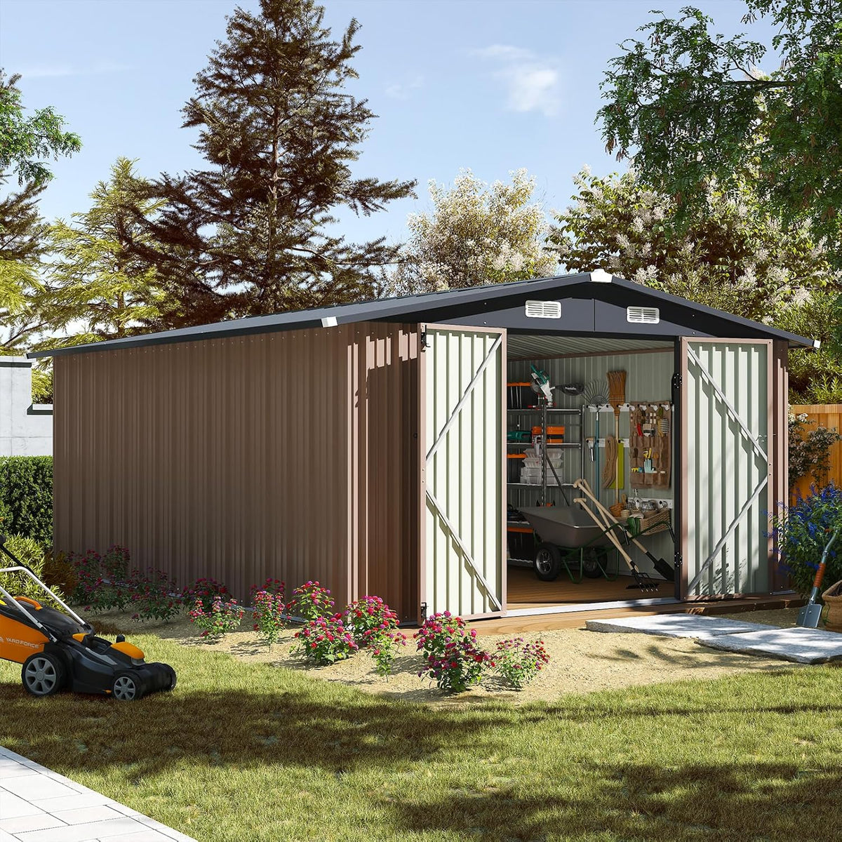 Aoxun Outdoor Storage Shed 10 x 12FT Brown - Double Hinged Door
