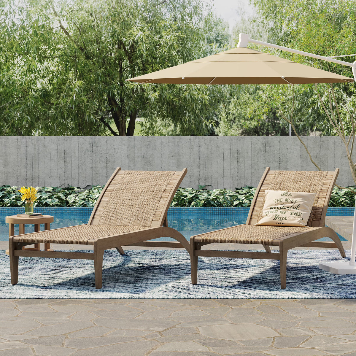 Outdoor Chaise Lounge, Single, Acacia Wood and Faux Rattan, Light Brown and Light Multibrown, 77.00 x 25.50 x 33.00 Inches - Shane