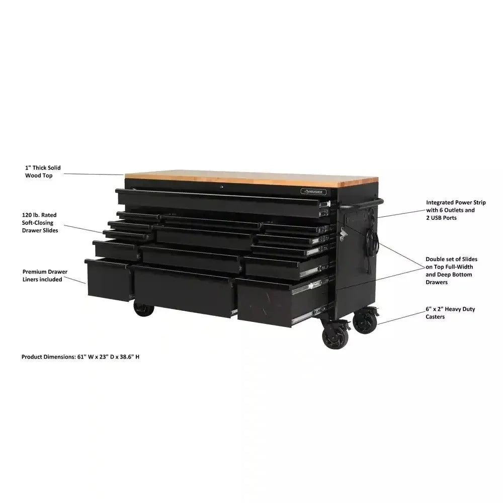 Heavy Duty 61 in. W x 23 in. D 15-Drawer Mobile Workbench With Solid Wood Top