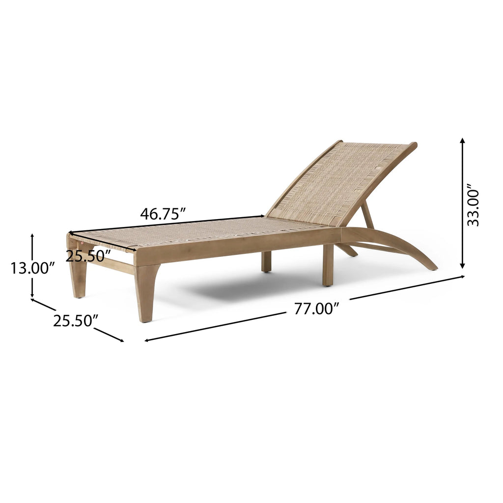Outdoor Chaise Lounge, Single, Acacia Wood and Faux Rattan, Light Brown and Light Multibrown, 77.00 x 25.50 x 33.00 Inches - Shane