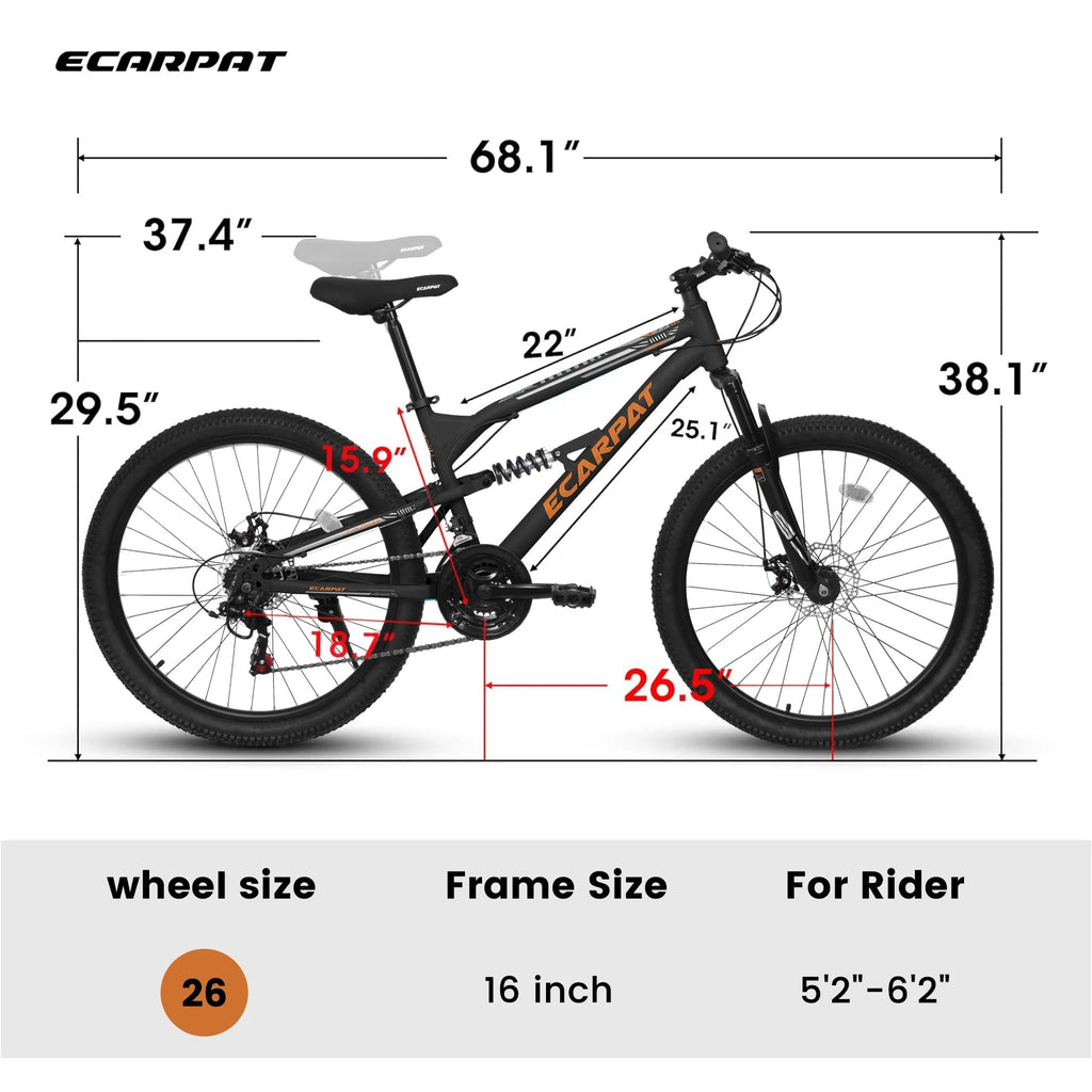 26 Inch Full-Suspension Mountain Bike, 21-Speed, 26x16 Inch Carbon Steel Frame