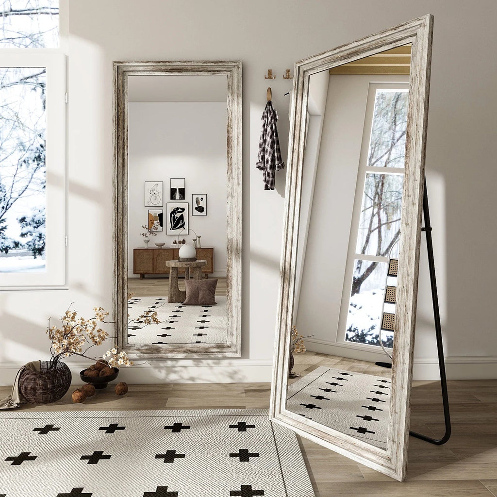 BEAUTYPEAK Full Length Floor Mirror With Stand, 64 x 21 in, Retro White