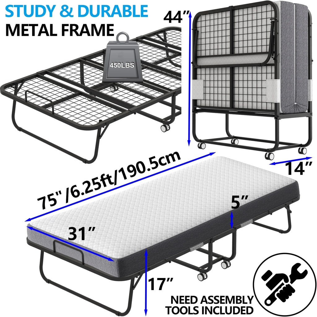 Folding Rollaway Guest Bed With 75in x 31in Cot Mattress And 5in Memory Foam