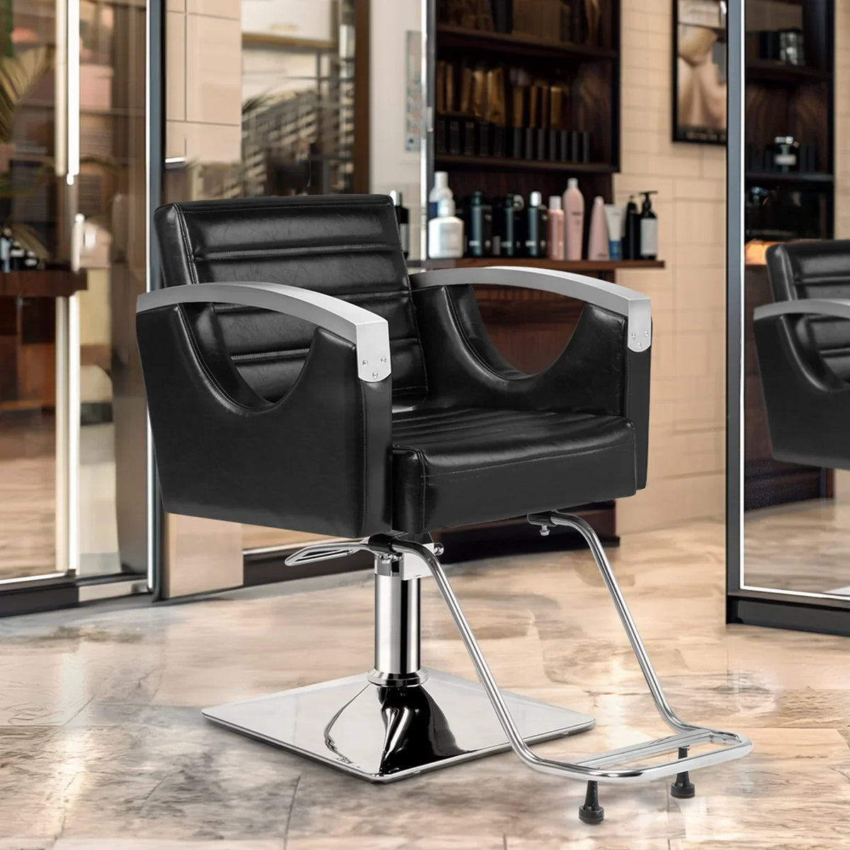 OmySalon Hydraulic Barber Chair With Stainless Steel Armrests, Brown Or Black