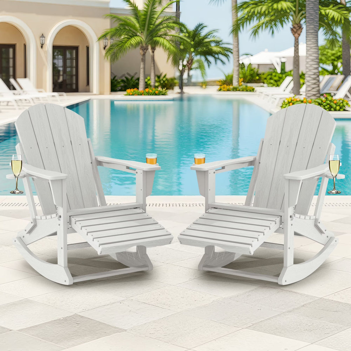 KINGYES Folding Adirondack Rocker Chair Set Of 2 With Footrest And Dual Cup Holders - Black