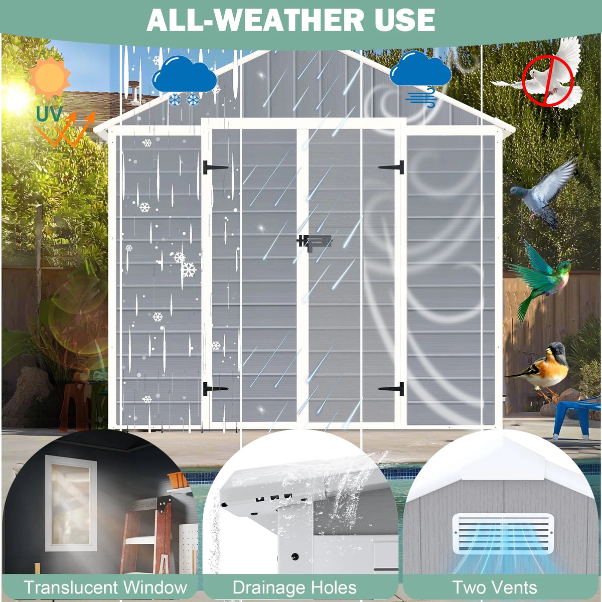 Seizeen Resin Outdoor Storage Shed With Floor, Light Gray, 82 in H