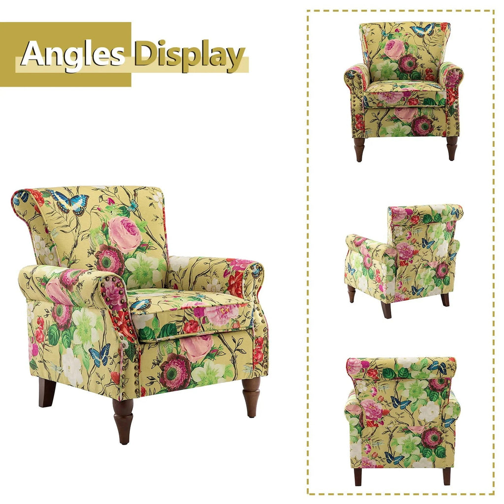 14 Karat Home Wingback Accent Chair, Floral Upholstery, Mustard, 30 x 31 x 32.5 in