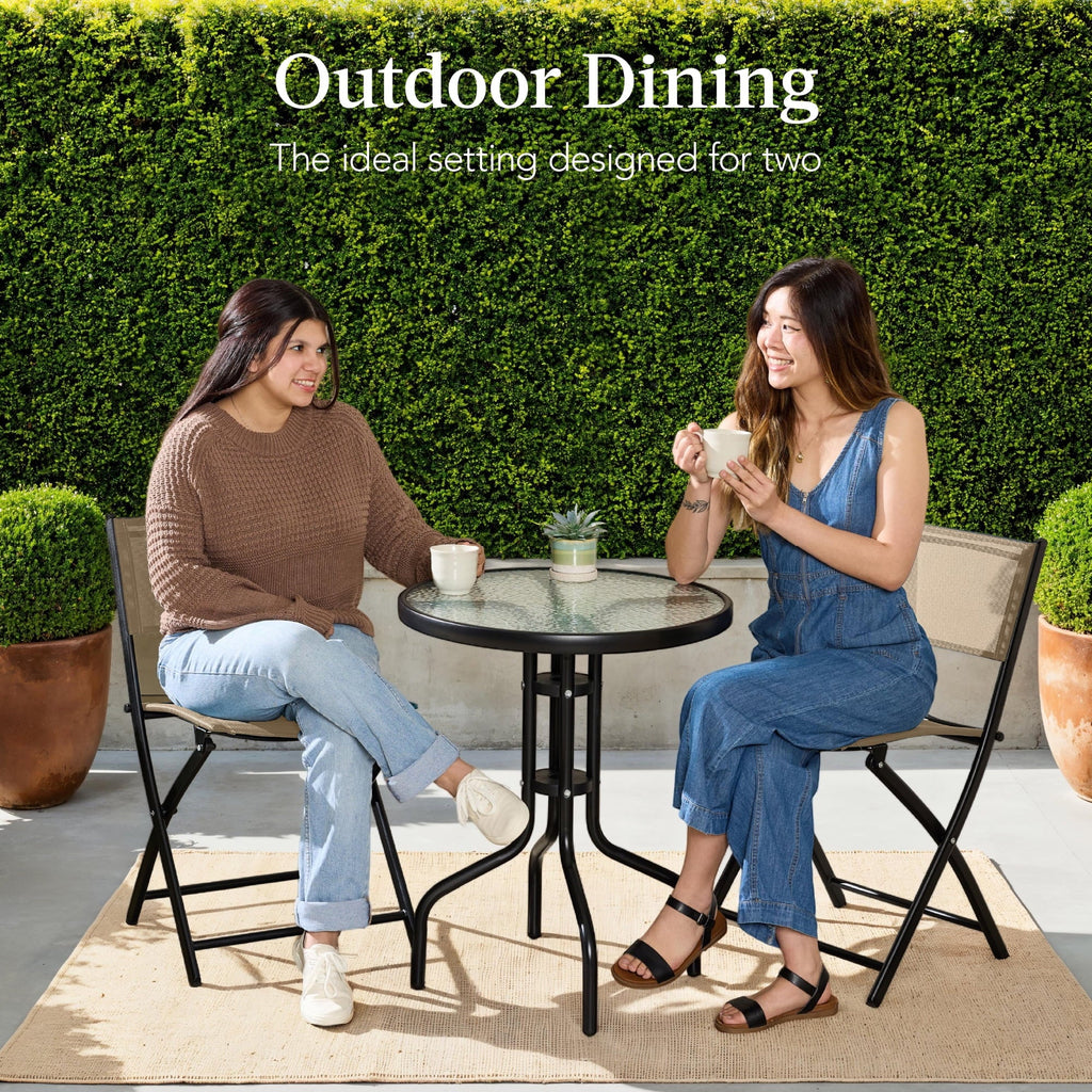 Best Choice Products 3-Piece Patio Bistro Dining Set With Glass Tabletop And Folding Chairs - Gray
