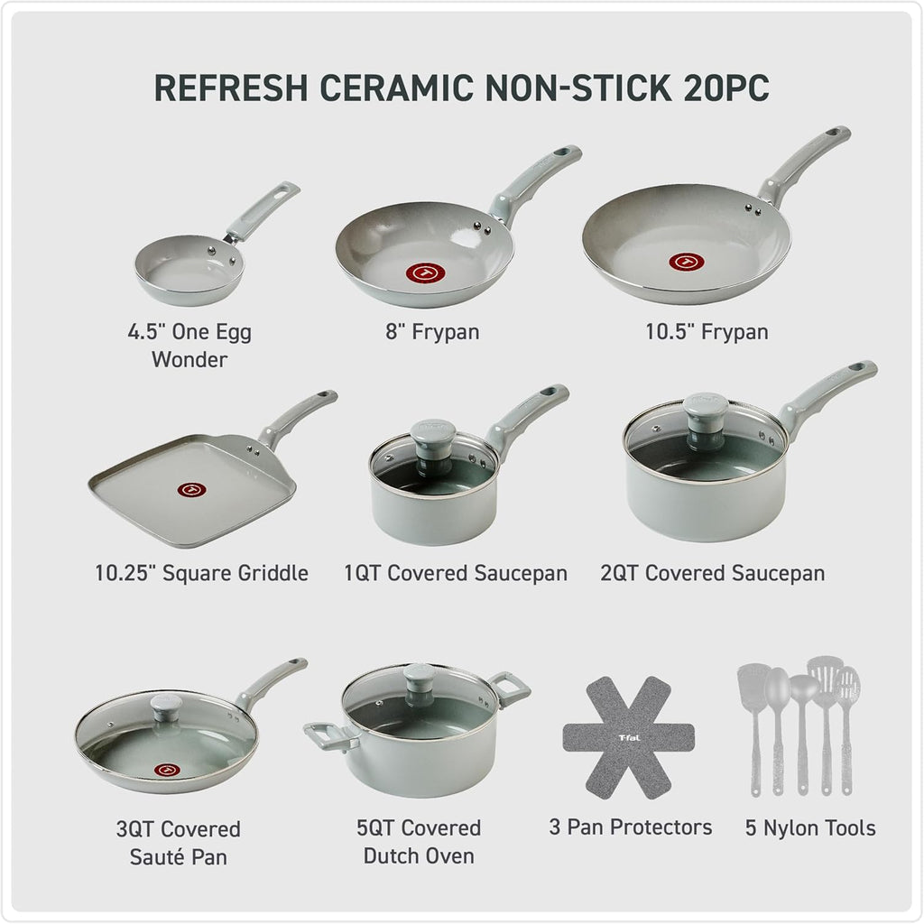 T-Fal Refresh Ceramic 20-Piece Nonstick Cookware Set, Moon Grey