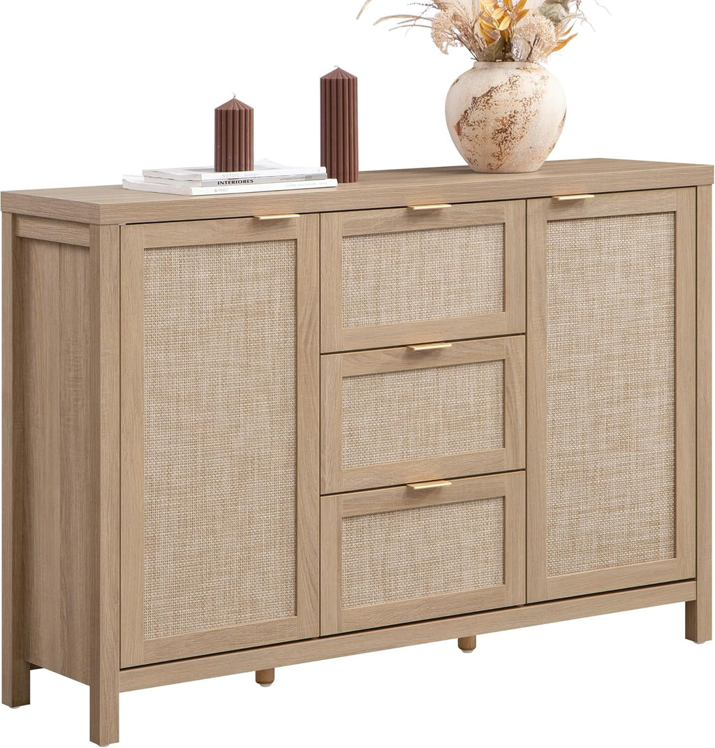 SICOTAS Sideboard Buffet Coffee Bar Cabinet With 3 Drawers And 2 Doors, 52in - Light Oak