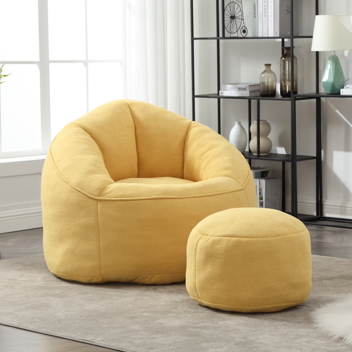 MOONMISS Microfiber Upholstered Round Bean Bag Sofa Chair With Ottoman - Gray