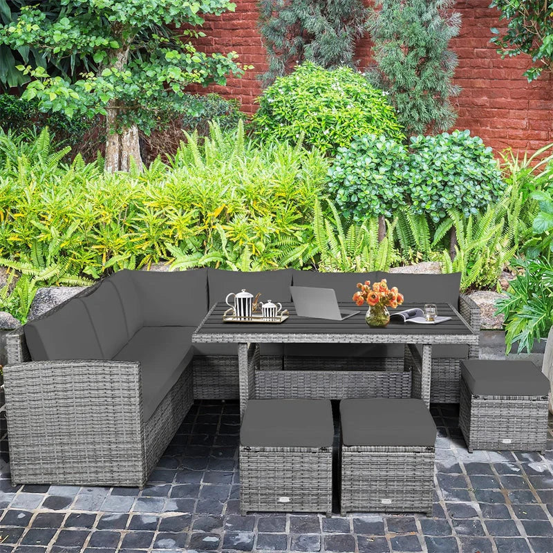 7-Piece Rattan Patio Dining Set With 3 Corner Chairs, 3 Ottomans And Table