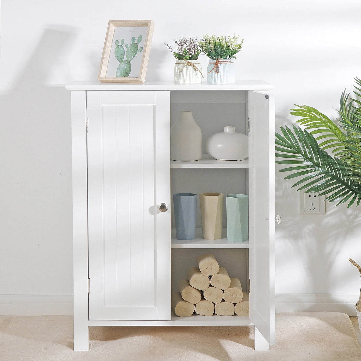 HomGarden 2-Door Bathroom Floor Storage Cabinet With Adjustable Shelves, 11.8in W, White