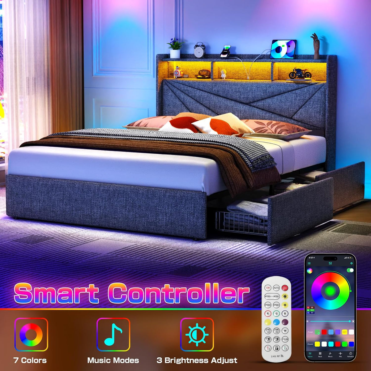 King Size Upholstered Bed Frame With 4 Storage Drawers, Charging Station And LED Headboard - Dark Grey
