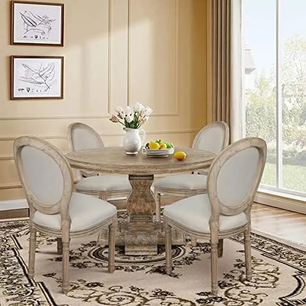 MQLIFEBOOM French Dining Chair With Oval Backrest - Linen Fabric Upholstered Solid Wood