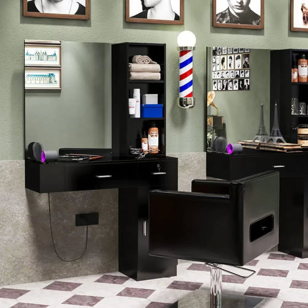 OmySalon Wall Mount Salon Station With Mirror, 1 Storage Cabinet, 2 Drawers And 3-Tier Shelf - Black