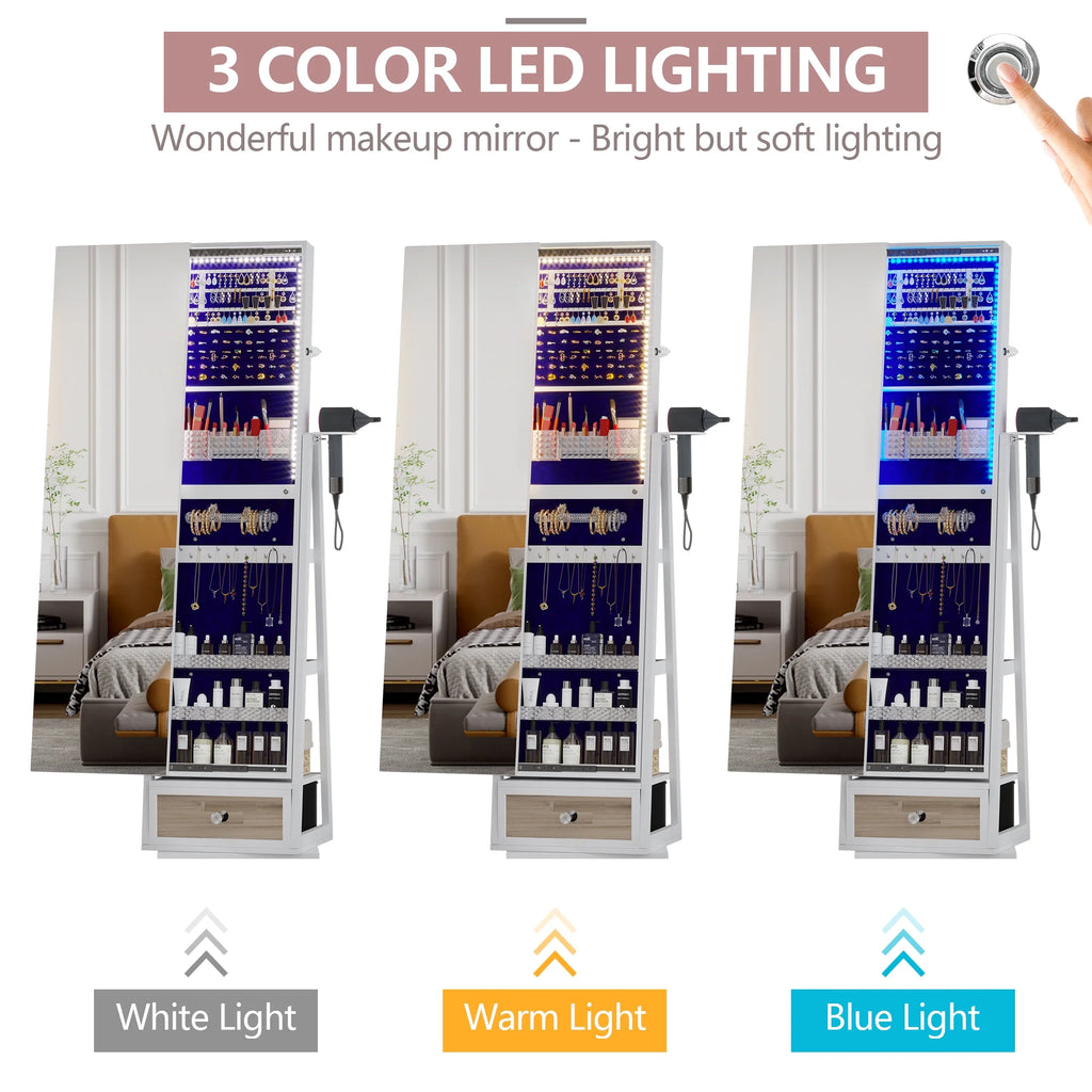 LVSOMT 360 Swivel Jewelry Cabinet With Lights, 53.5 x 14.5 in Full-Length Mirror, White