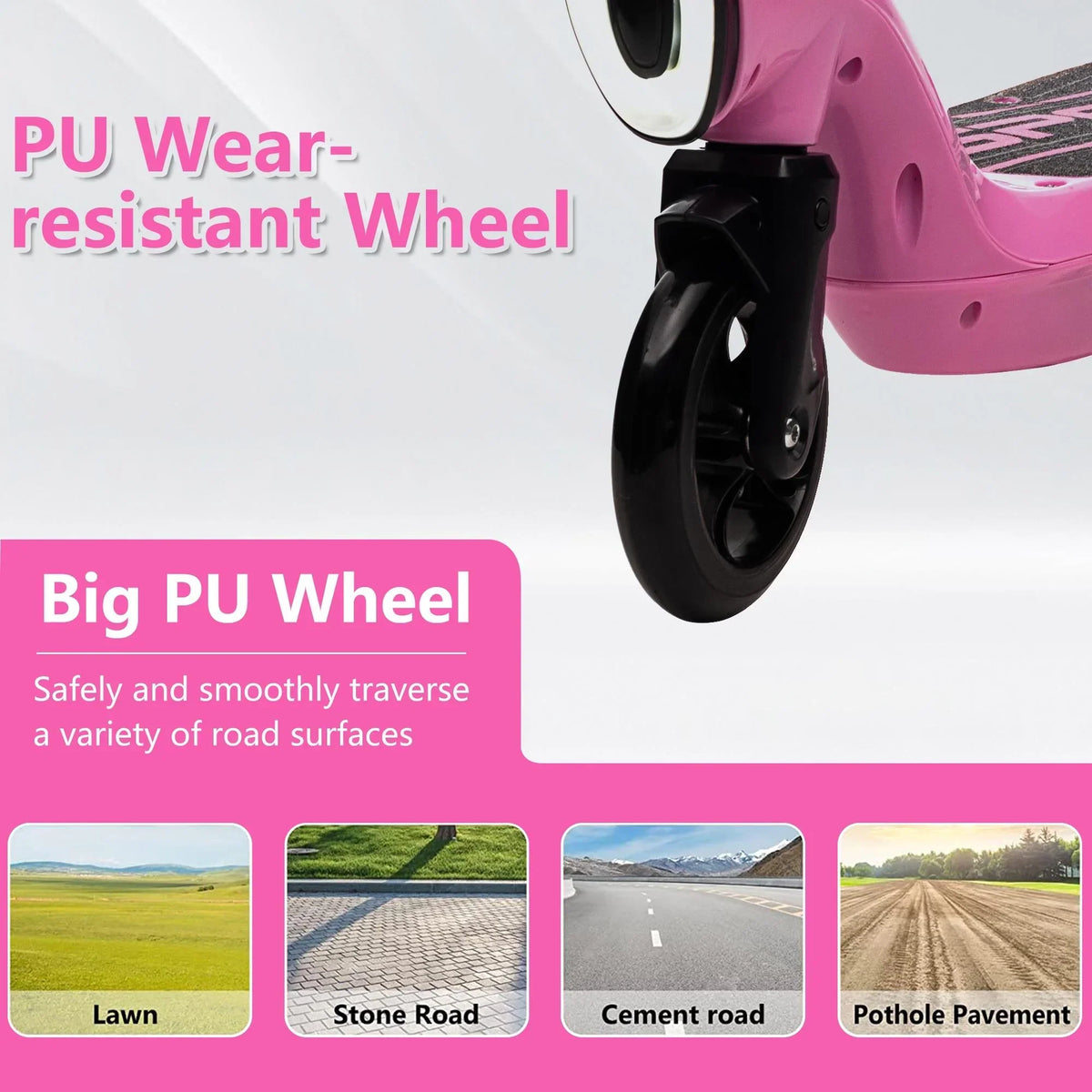 iRerts Kids Electric Scooter 12V 45W With Front Light, Rear Brake And Colorful Deck Light - Pink