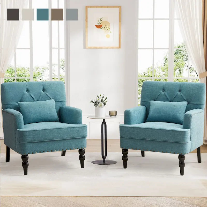Set Of 2 Upholstered Button-Tufted Accent Chairs With Lumbar Pillows - 30 x 29 x 35 inches