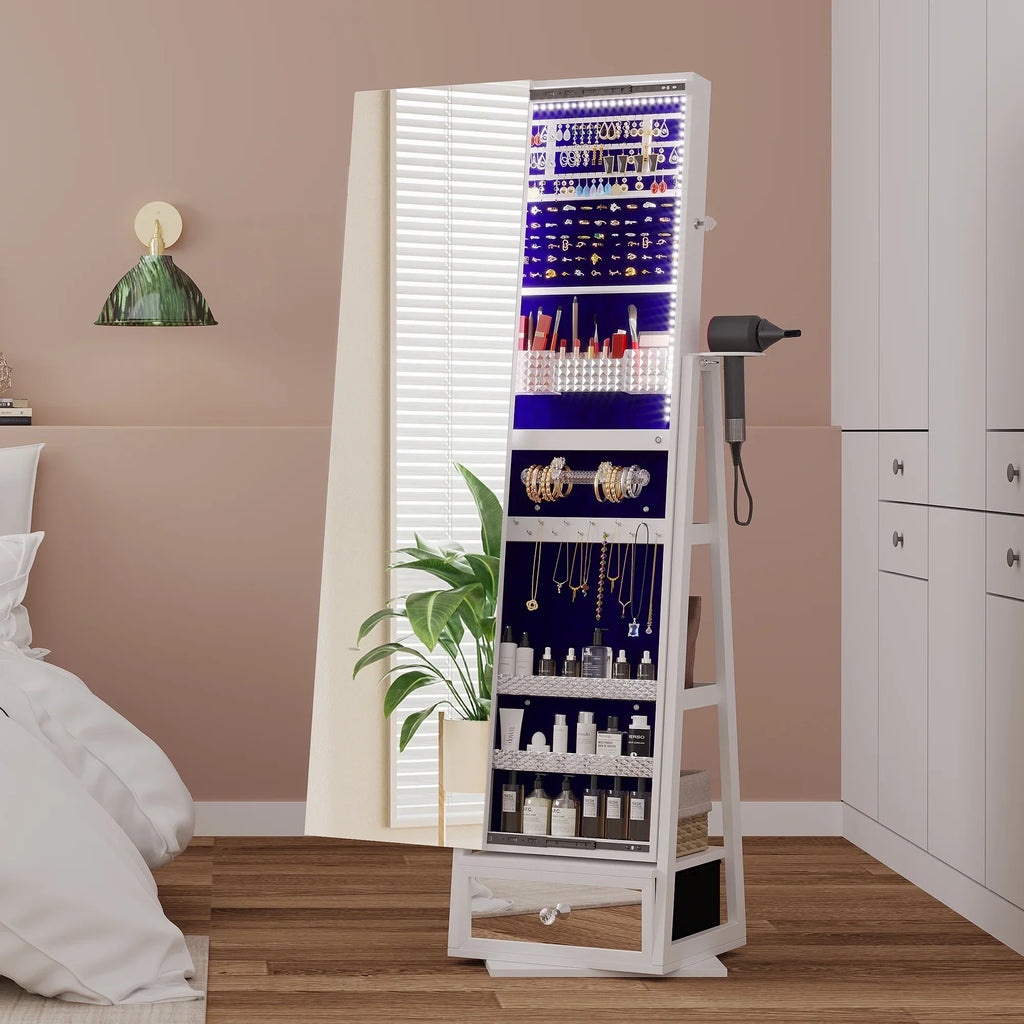LVSOMT 360 Swivel Jewelry Cabinet With Lights, 53.5 x 14.5 in Full-Length Mirror, White