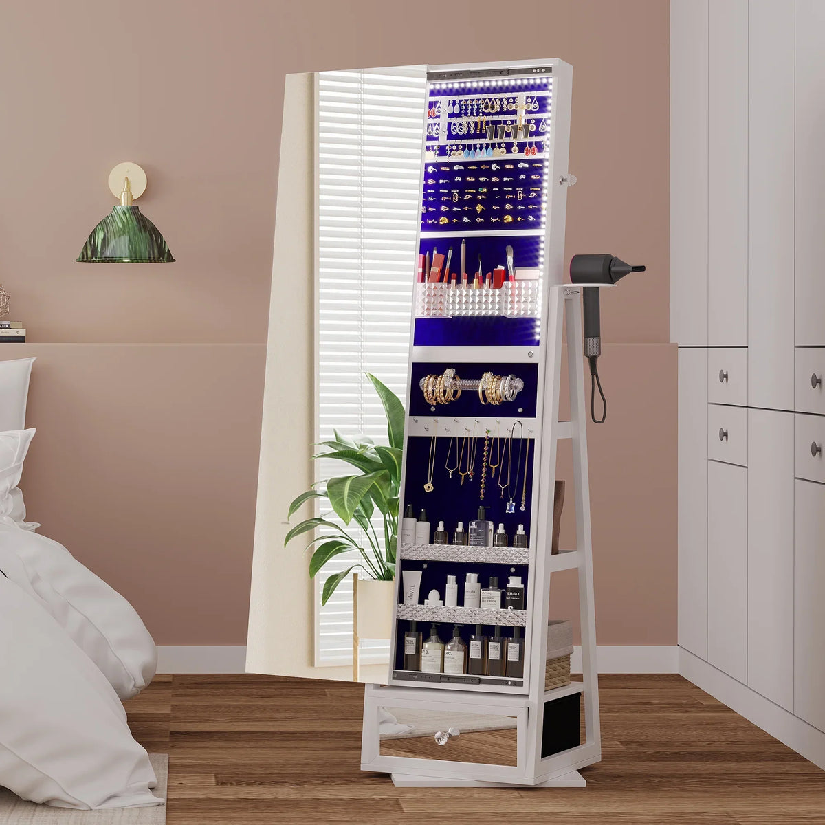 LVSOMT 360 Swivel Jewelry Cabinet With Lights, 53.5 x 14.5 in Full-Length Mirror, White