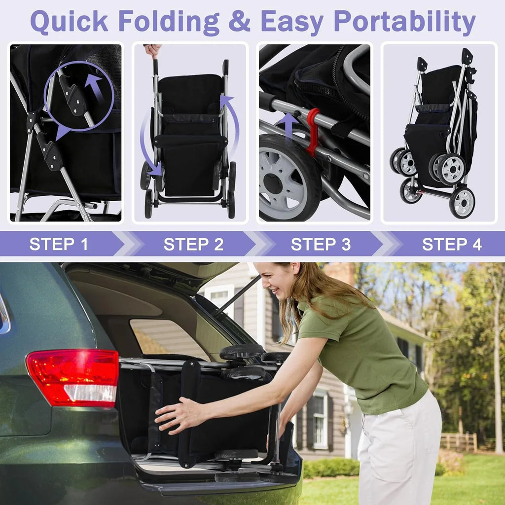 Folding Pet Stroller With 4 Wheels, Cup Holder And Storage Basket, Black
