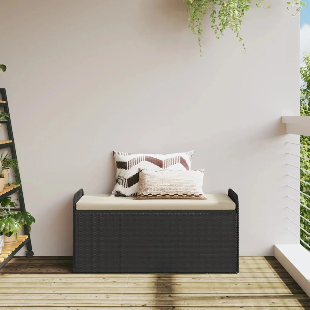 vidaXL Outdoor Poly Rattan Storage Bench With Cushion, Black, 45.3 x 20.1 x 20.5 in