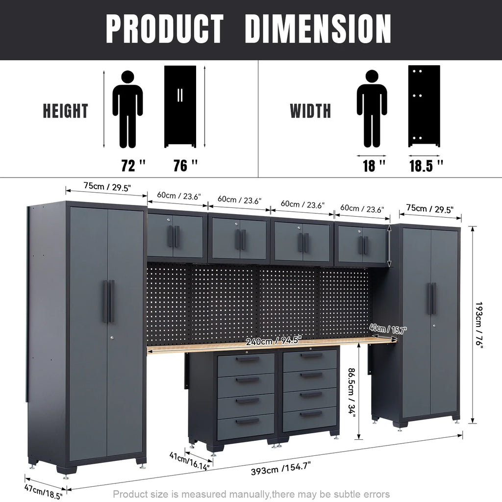 HPDMC 7-Piece Metal Garage Cabinet System With 4-Drawer Roller Cabinet, 47.2 in Workbench And Pegboards