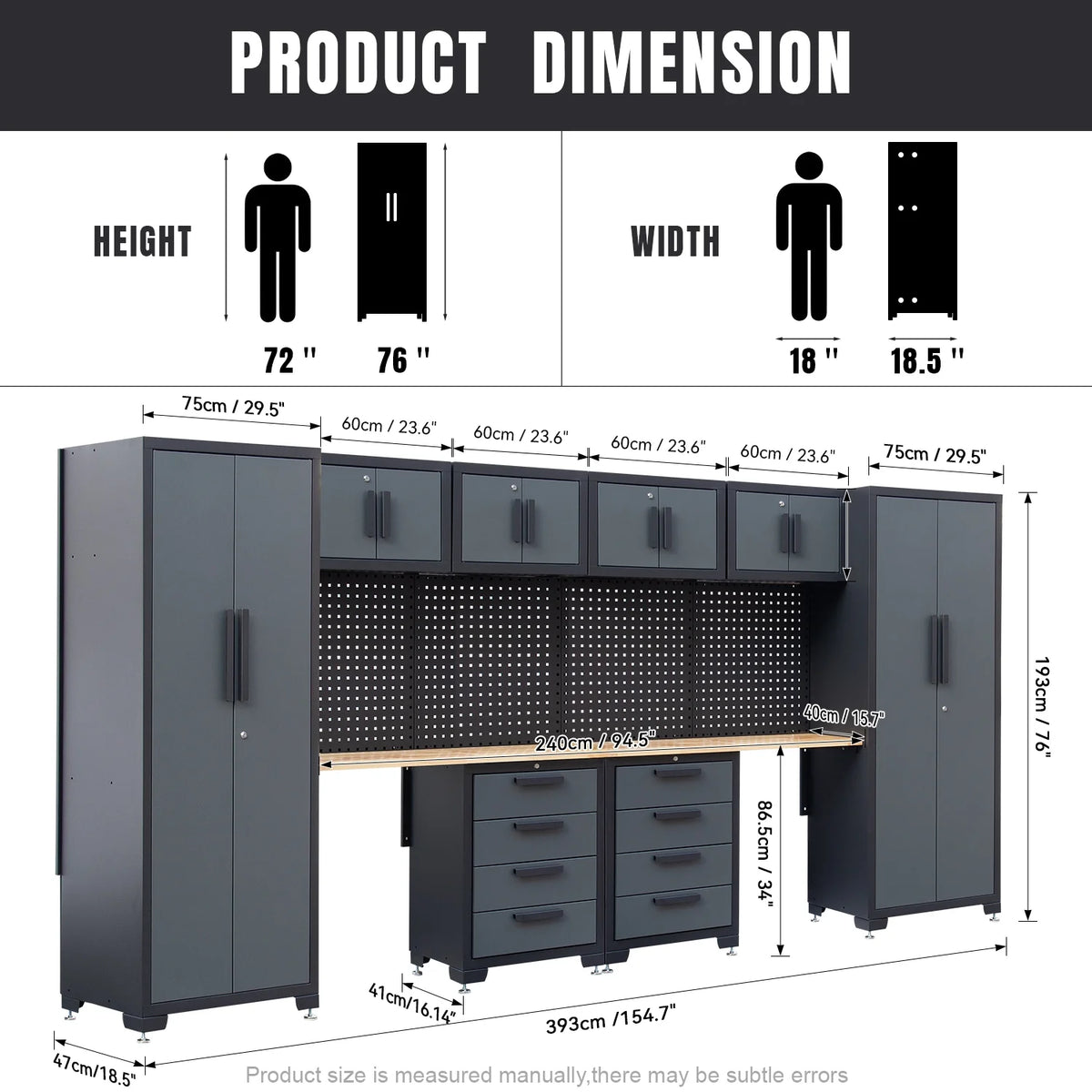 HPDMC 7-Piece Metal Garage Cabinet System With 4-Drawer Roller Cabinet, 47.2 in Workbench And Pegboards