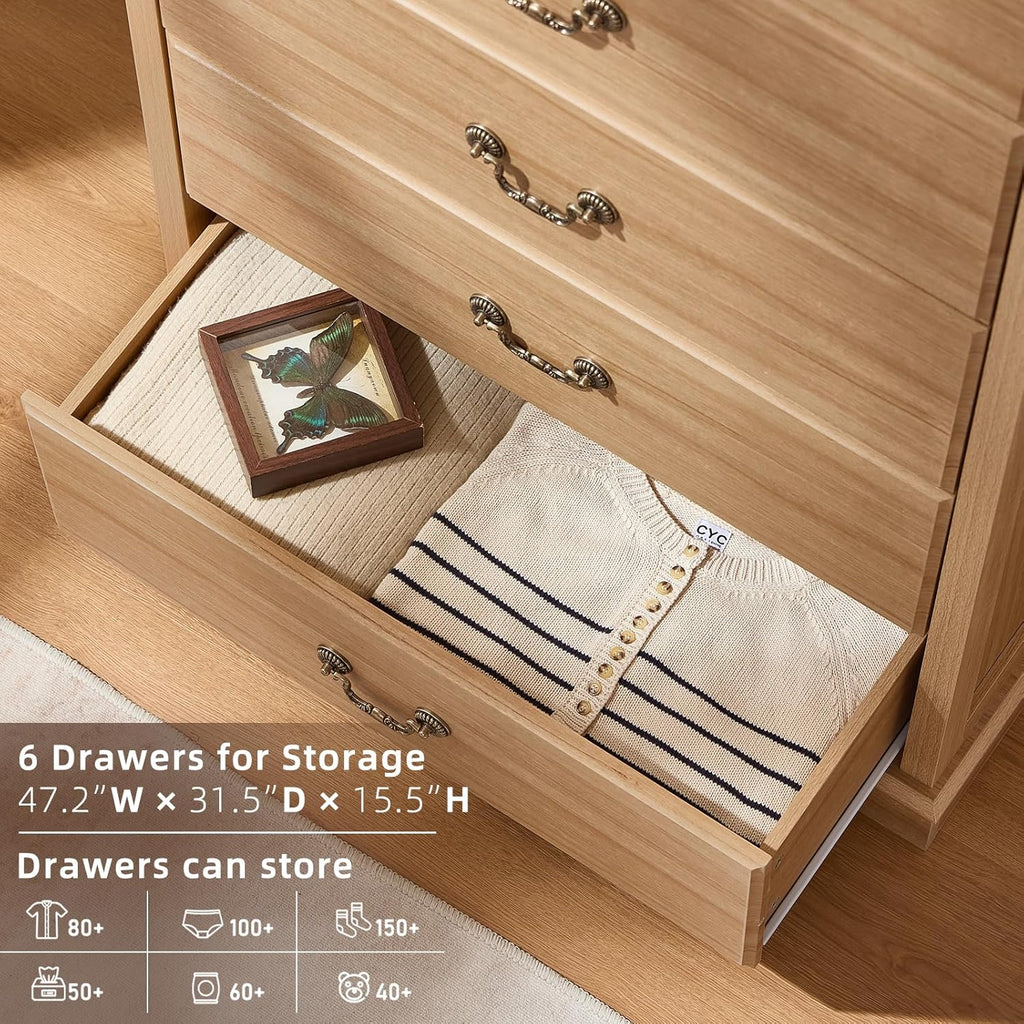 Farmhouse 6-Drawer Wood Dresser, Natural, 31.5 x 15.5 x 47 Inch