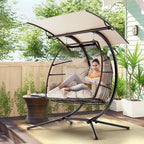 Outdoor Swing Loveseat With Stand, Foldable Hanging Chair, Hammock Cushion And Awning - Beige