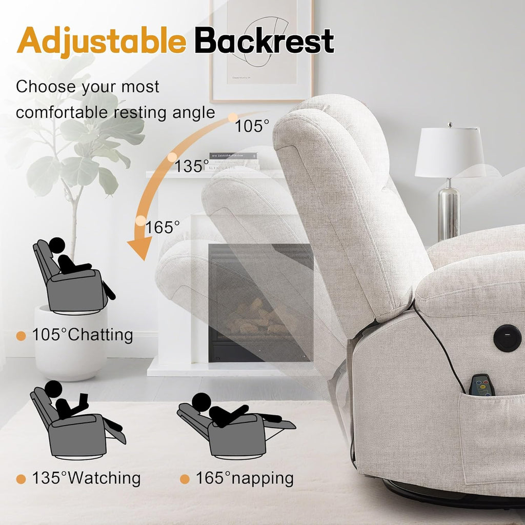Korser Swivel Rocker Recliner Chair With Massage, Heating, USB Charging And Storage