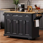 Rubberwood Kitchen Island Cart, 54-inch Drop-Leaf, 4 Doors, 3 Drawers - Embossed Finish