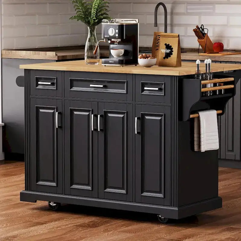 Rubberwood Kitchen Island Cart, 54-inch Drop-Leaf, 4 Doors, 3 Drawers - Embossed Finish