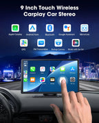 LAMTTO 9 inch Portable Wireless CarPlay Car Stereo With 2.5K Dash Cam, 1080p Backup Camera And 64GB SD Card