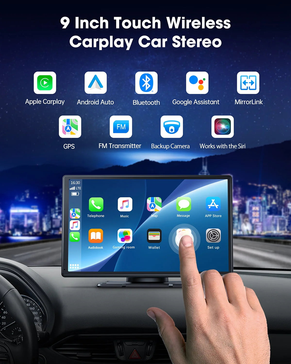 LAMTTO 9 inch Portable Wireless CarPlay Car Stereo With 2.5K Dash Cam, 1080p Backup Camera And 64GB SD Card