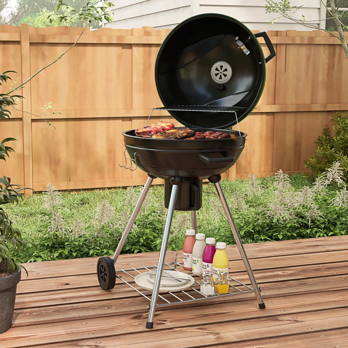 Outsunny 21 Inch Green Kettle Charcoal BBQ Grill With Wheels - 846-142V00GN