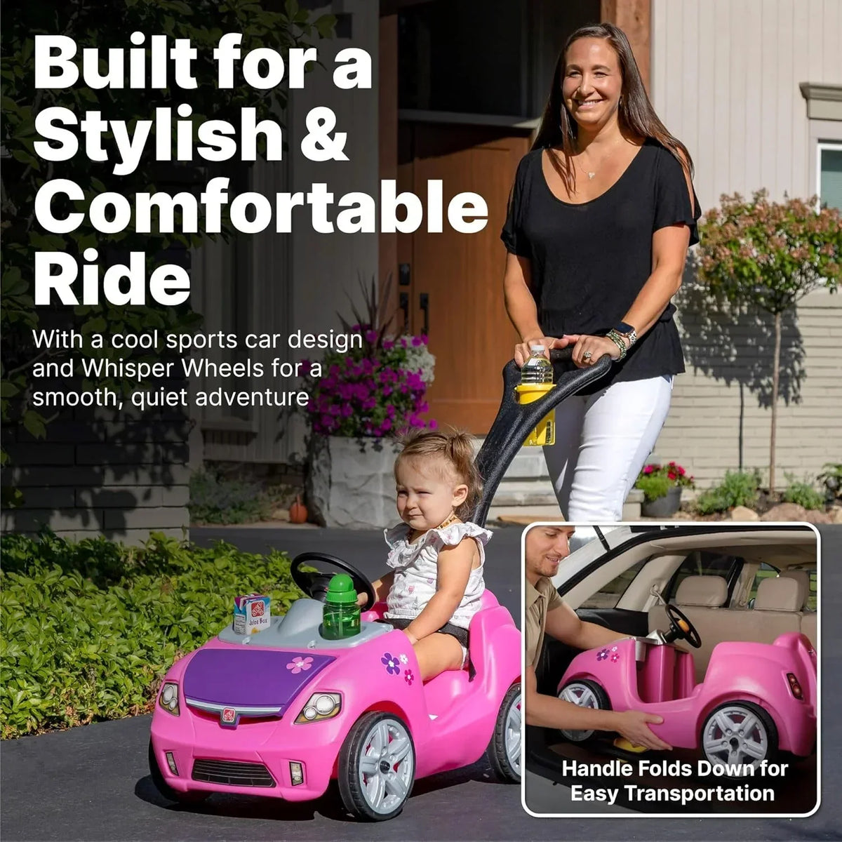 Step2 Ride-On Push Toy Car, Pink, Large, With Included Seat Belt - Whisper Ride II