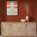 Handcarved Tropical Hardwood Buffet Cabinet, 72in W x 19in D x 30in H - Brass-Finished Iron Hardware