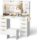 Glass Top Makeup Vanity Desk With Mirror, Lights, 11 Drawers And Bench - White