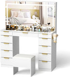 Glass Top Makeup Vanity Desk With Mirror, Lights, 11 Drawers And Bench - White