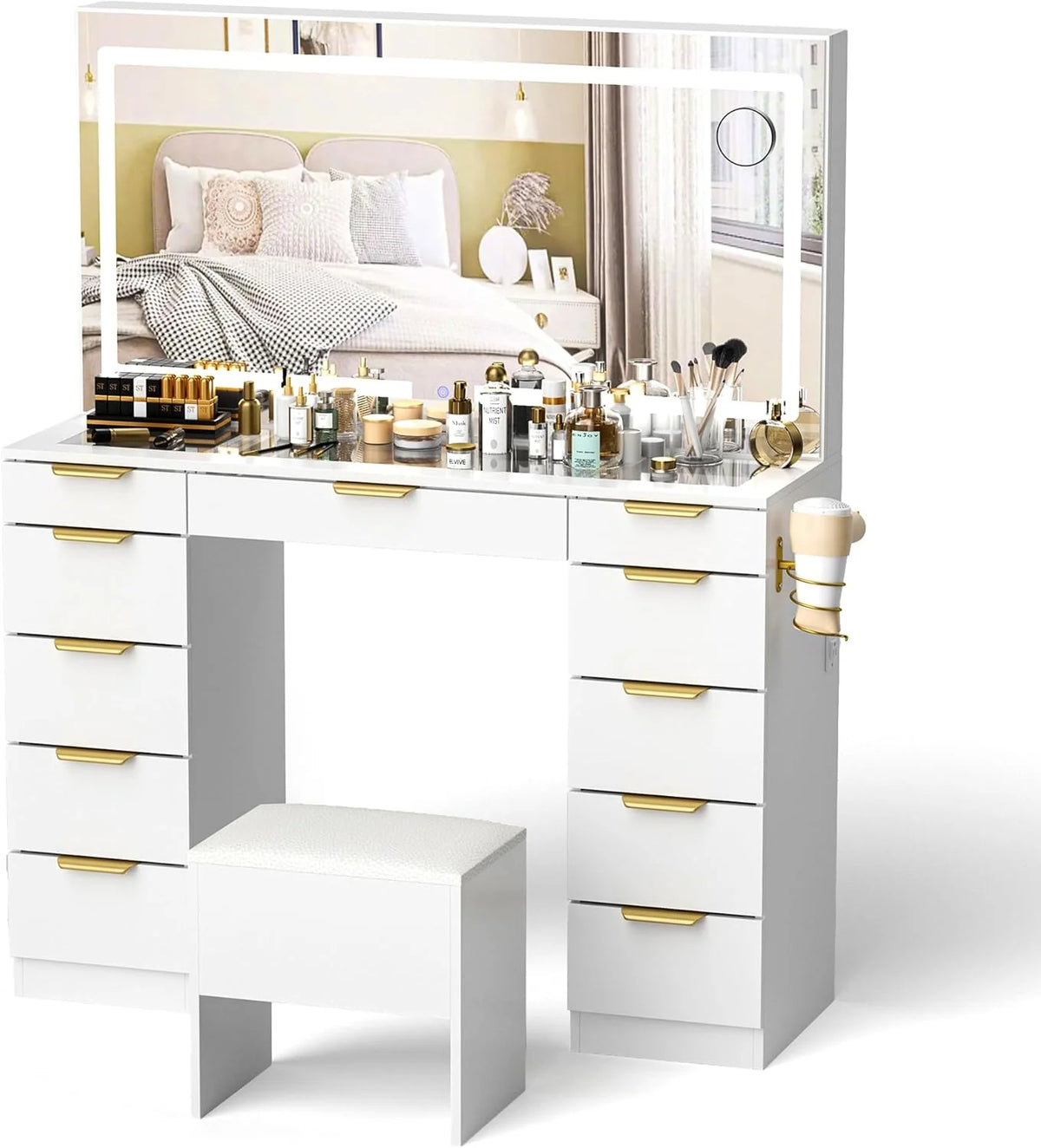 Glass Top Makeup Vanity Desk With Mirror, Lights, 11 Drawers And Bench - White
